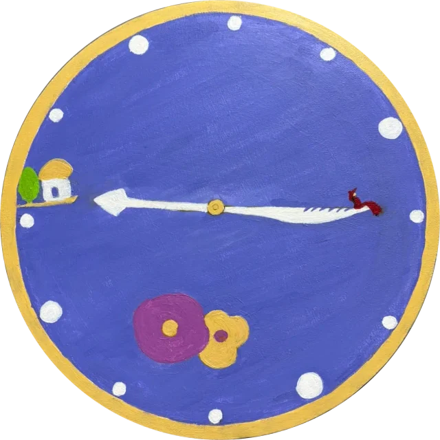 파란 원형 시계 그림. 꽃과 작은 집이 있고, 빨간모자 소녀가 시계바늘 끝에 앉아 있다