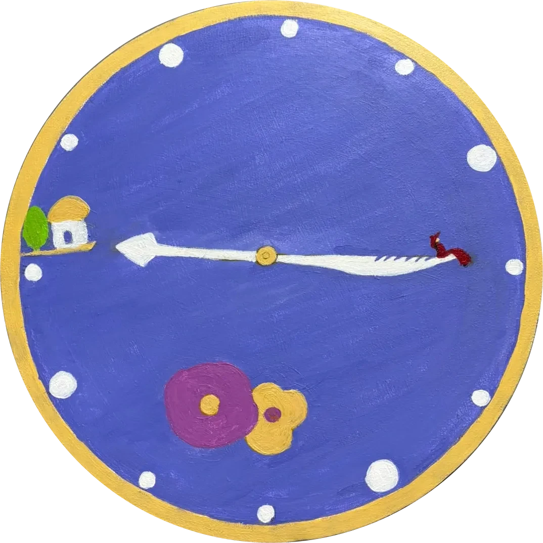 파란 원형 시계 그림. 꽃과 작은 집이 있고, 빨간모자 소녀가 시계바늘 끝에 앉아 있다
